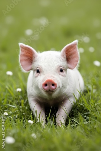 Young Piglet Standing in Green Field with Pink Snout and Tiny Ears