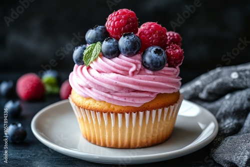 Delicious cupcake topped with fresh raspberries and blueberries on a plate in...