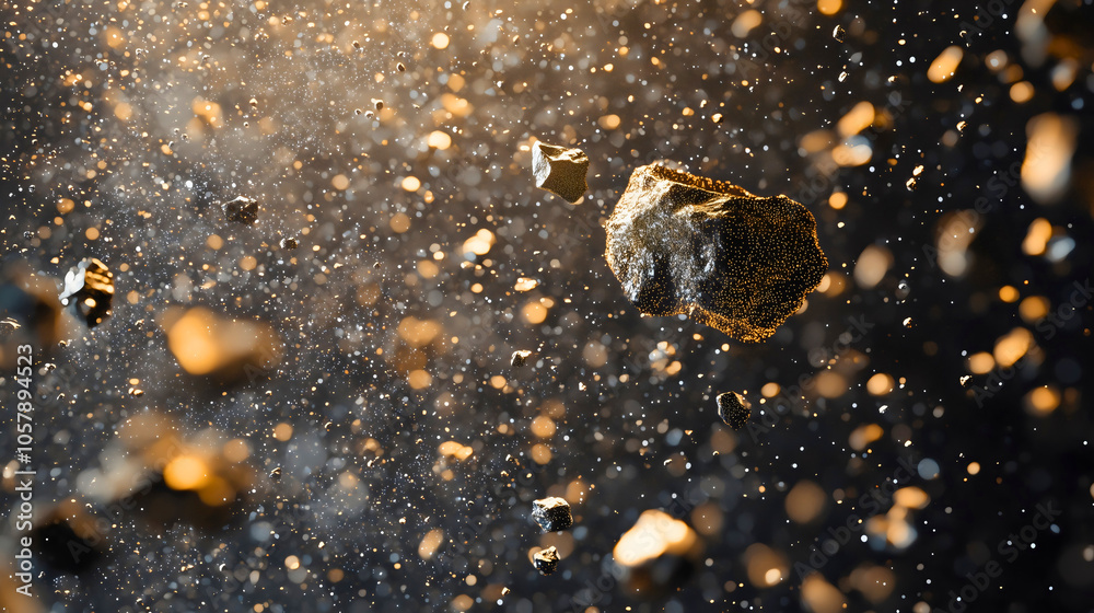 Fototapeta premium Particles of small micrometeoroids that are very tiny in size, micrometeoroids are a phenomenon of remnants of celestial bodies floating through the cosmos.