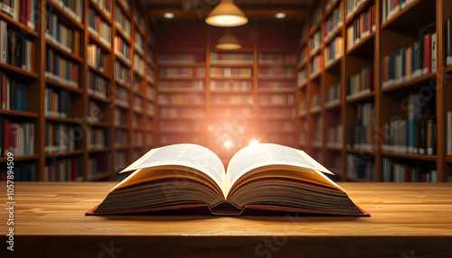 Open Book with abstract magic bright light on wooden table and blurred bookshelf in the library isolated with white highlights, png