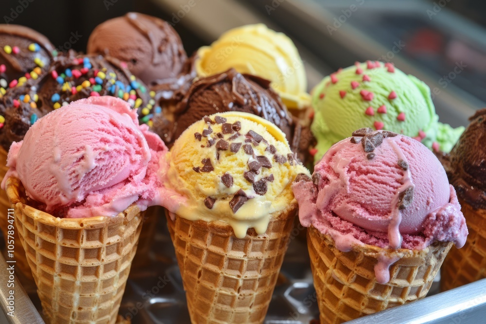 Ice cream cone in a waffle cone, sprinkled with grated chocolate Ice cream cone in a waffle cone, sprinkled with grated chocolate