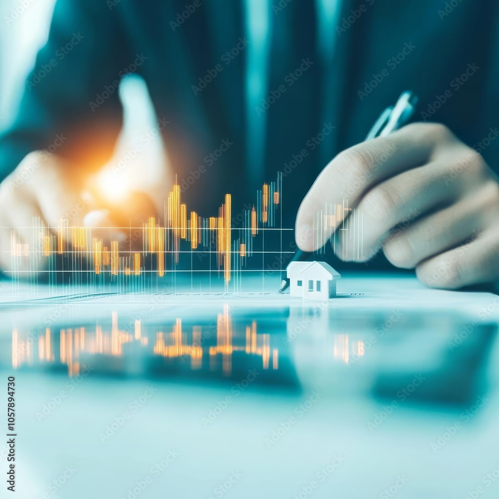 Investor reviewing property values with digital chart overlays Investor reviewing property values with digital chart overlays