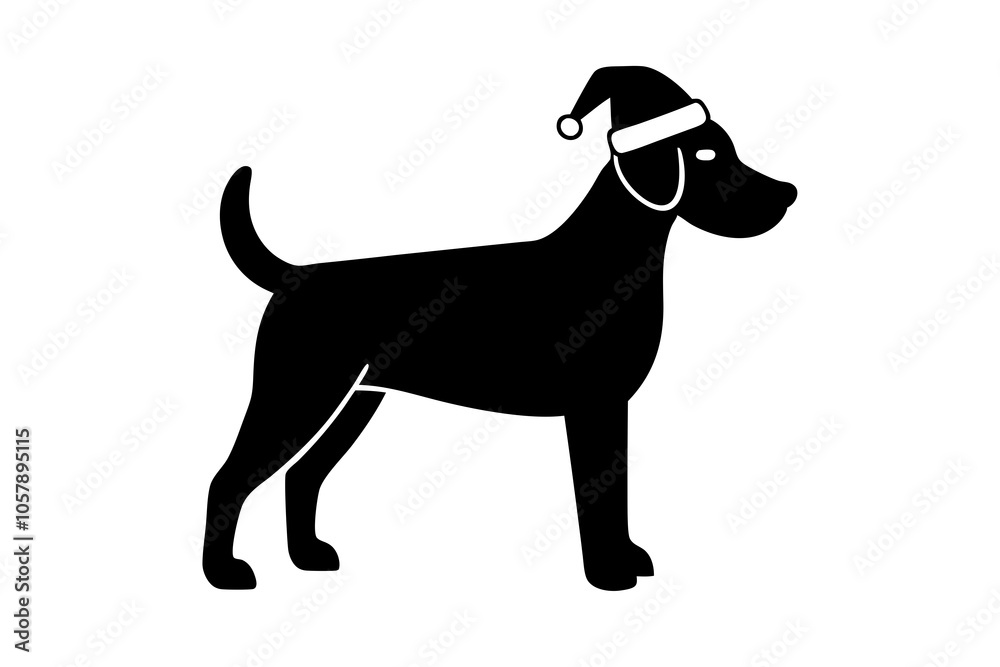 Fototapeta premium Christmas dog with Santa hat on white background silhouette illustration.