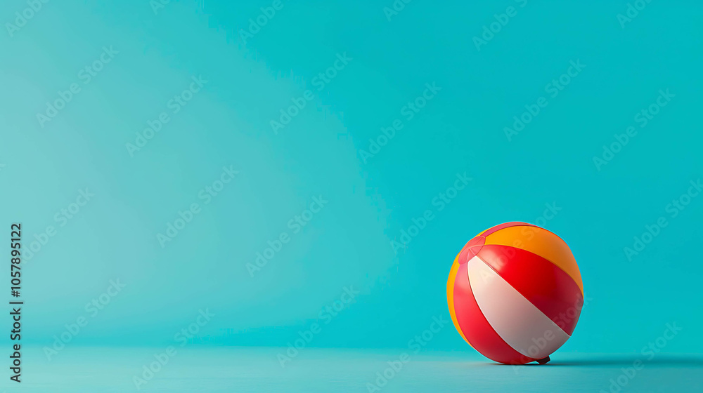 This is a 3D rendering of a beach ball on a blue background. The ball is red, orange, and yellow, and it is slightly deflated. This is a 3D rendering of a beach ball on a blue background. The ball is red, orange, and yellow, and it is slightly deflated.