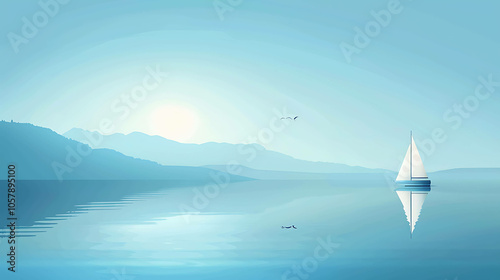 Tranquil seascape with a distant mountain range and a lone sailboat on the horizon. The water is a deep blue, reflecting the light of the setting sun.