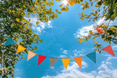 Colorful bunting flags hanging between trees under a bright blue sky during a...