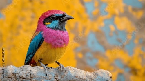 Vibrant bird perched on a rocky surface against a colorful backdrop in nature