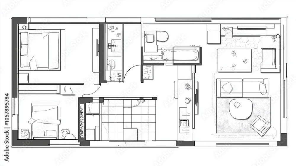 Detailed floor plan layout of a modern apartment with designated spaces for living, dining, kitchen, and bedrooms Detailed floor plan layout of a modern apartment with designated spaces for living, dining, kitchen, and bedrooms