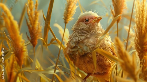 There is a bird with a beard that is quite comical, and it is surrounded by a background of yellow reeds. 