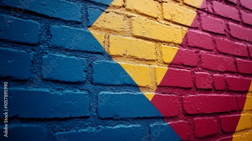 Colorful mural with red, blue, and yellow stripes on a brick wall in an urban...