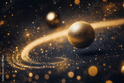 Golden celestial bodies shining in a cosmic space with sparkling particles dr...