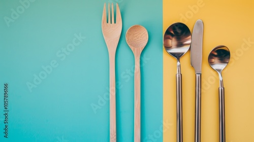 Wooden utensils paired with metal straws set against a vibrant colored background, embodying the idea of zero waste and sustainability.