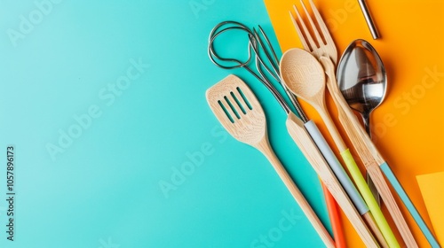 Wooden utensils paired with metal straws set against a vibrant colored background, embodying the idea of zero waste and sustainability.