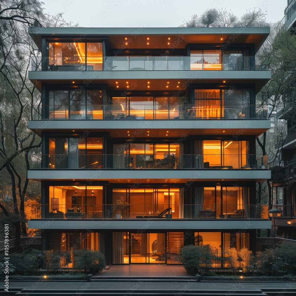 6 story apartment building with glass balcony and tall window. 6 story apartment building with glass balcony and tall window.
