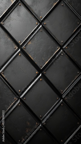 Textured black diamond pattern with metallic accents and rivets on a wall sur...