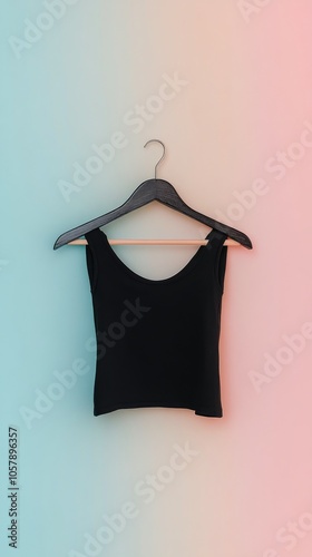 Black clothing on hanger against colorful wall with pink and blue stripes and...