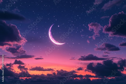 Majestic twilight sky with purple clouds and crescent moon over a serene hori...