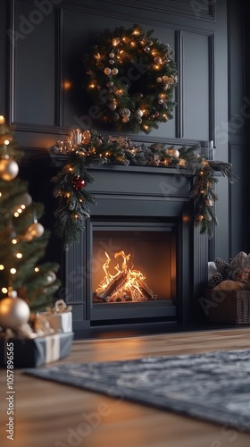 Cozy holiday evening by the fireplace with a Christmas tree and presents nearby