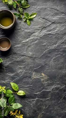 Tranquil tea setup with teapot and cups on a dark stone surface surrounded by...