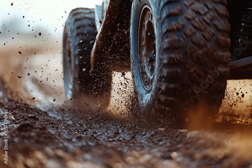 Off road vehicle kicking up dirt on a rugged trail during bright daylight