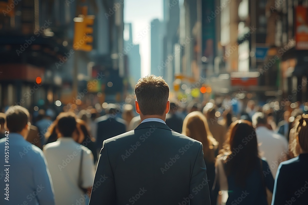 Anonymous Man Walking in Busy City Street With Sunlit Skyline Anonymous Man Walking in Busy City Street With Sunlit Skyline