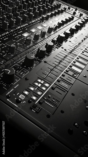 A close up view of a black audio mixer featuring various knobs and sliders in...