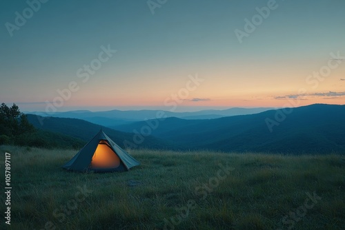 A tent set up on a grassy hilltop with stunning sunset views over mountains