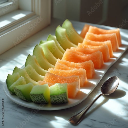 Colorful slices of ripe cantaloupe and honeydew melons are neatly arranged on...