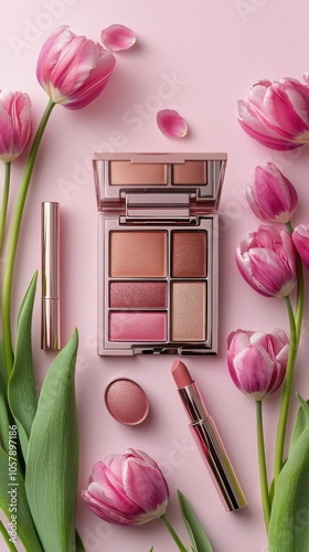 Pink tulips and makeup items arranged artfully on a white background for spri...