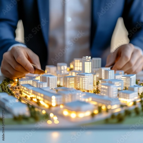 Real estate investor holding digital cityscape model, urban planning concept