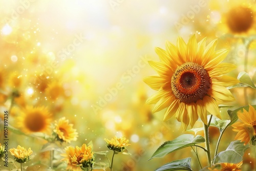 Bright sunflowers blooming in a vibrant field under golden sunlight during su...