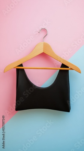 Black clothing on hanger against colorful wall with pink and blue stripes and...
