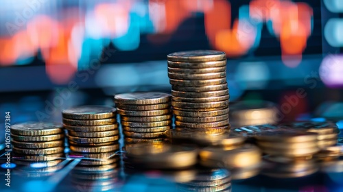 Stacks of Coins with Blurred Financial Graphs in Background