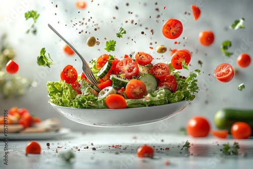 Fresh salad ingredients in mid air with a fork capturing vibrant vegetables a...