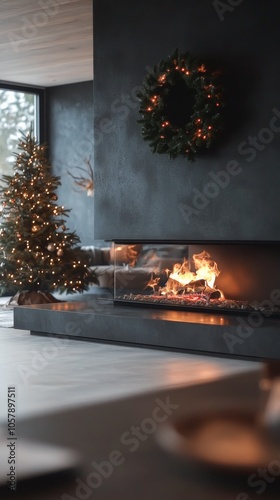 Cozy holiday evening by the fireplace with a Christmas tree and presents nearby