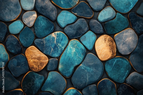 Colorful decorative stones arranged artistically in a mosaic pattern on a dar...
