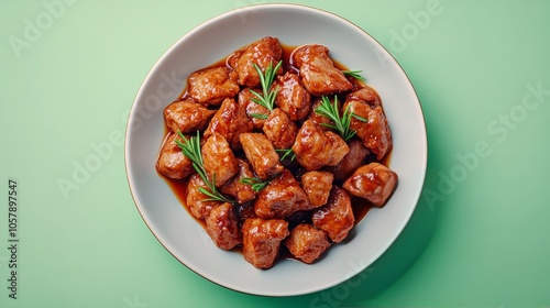 Tender beef chunks braised in a rich sauce garnished with fresh herbs on a br...