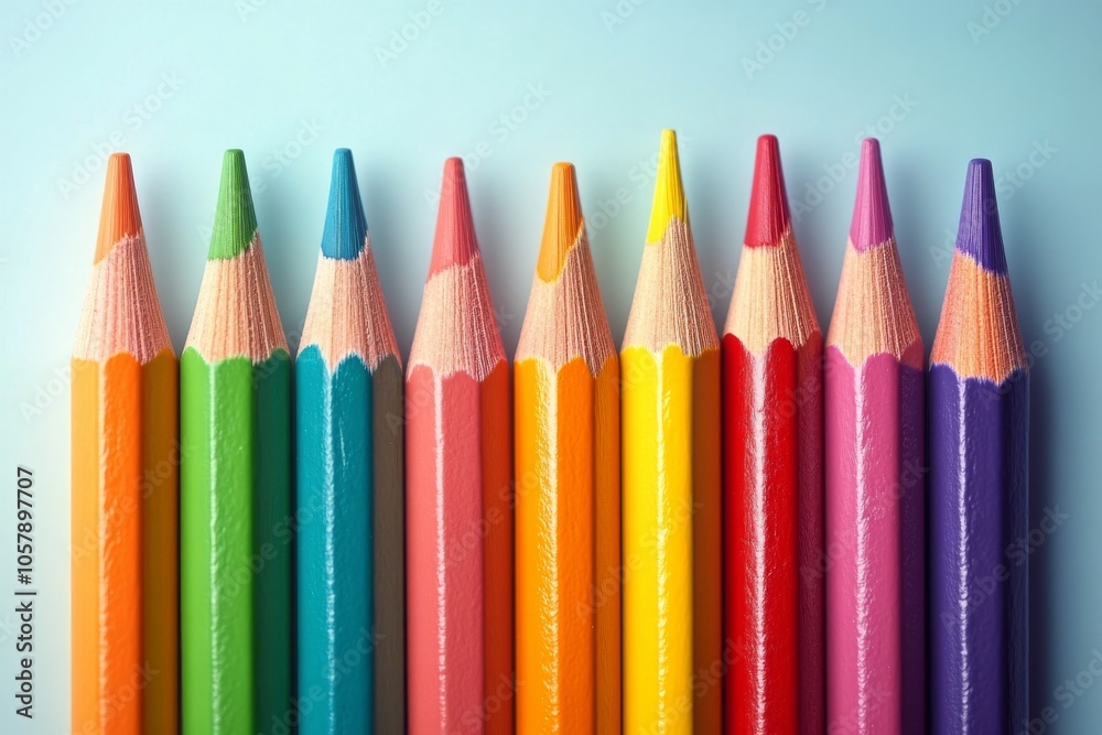Colorful pencils arranged neatly on a pink background, showcasing a variety of shades and tones Colorful pencils arranged neatly on a pink background, showcasing a variety of shades and tones