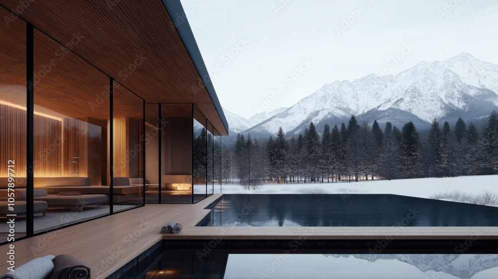 Modern glass house with wooden accents and large windows overlooking a serene mountain landscape and a pool surrounded by snow and pine trees.
