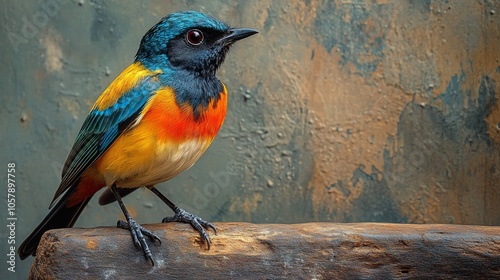 Vibrant bird perched on a rocky surface against a colorful backdrop in nature