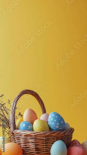 Colorful Easter eggs in a woven basket against a bright yellow background