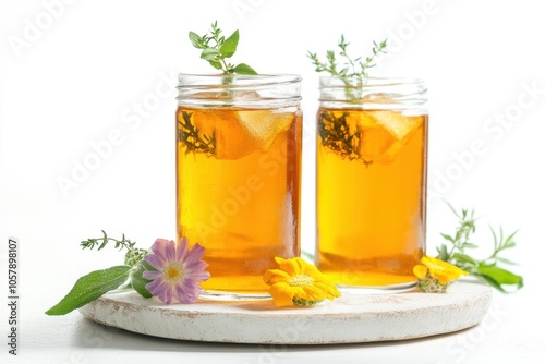 Tasty kombucha drink on a light background