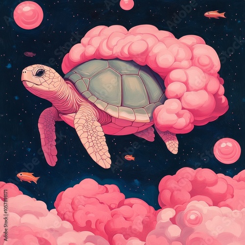 A sea turtle with a pink cloud on its back swims in the sky with fish and pink bubbles. photo