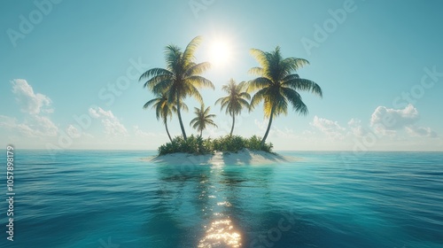 A small, tropical island with palm trees, a sandy beach, and clear blue water. The sun is shining brightly in the sky.