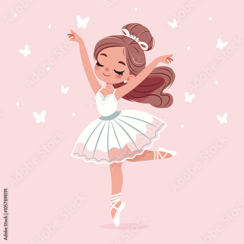Pretty and gentle ballerina girl in white dress dancing with butterflies on pink background. Poster, Banner, Flyer, Greeting Card. Vector illustration in flat cartoon style