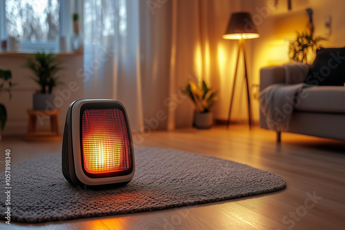 Space heater on the floor in a living room background.