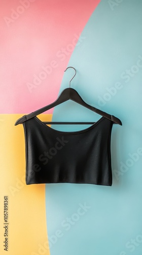Black clothing on hanger against colorful wall with pink and blue stripes and...