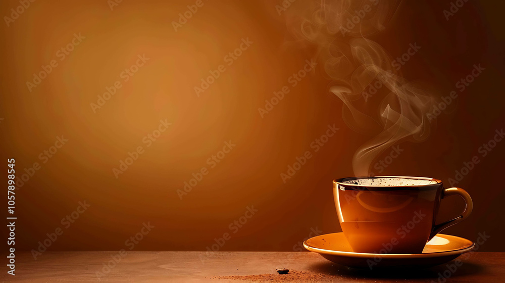 Obraz premium A close-up image of a steaming cup of coffee on a wooden table. The cup is brown and the background is a dark brown.