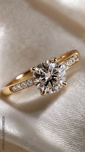 Elegant gold ring with a brilliant diamond placed on soft fabric in a serene ...