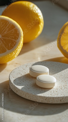 Fresh lemons and dietary supplements arranged on a light surface with natural...